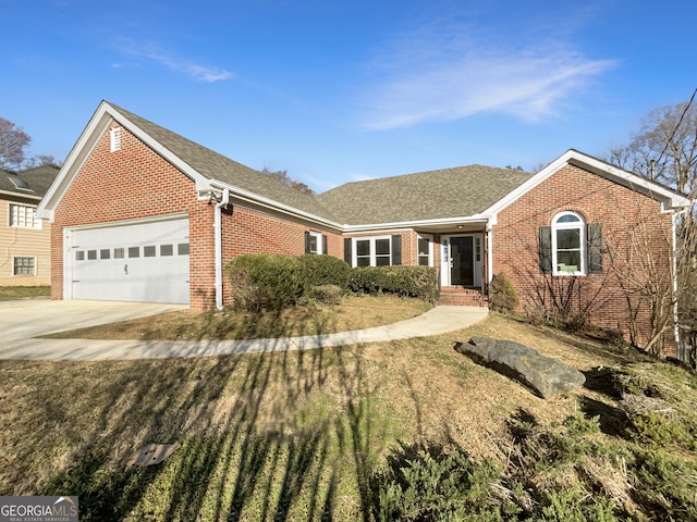 ranch-style home featuring a garage, concrete driveway, brick siding, and a shingled roof