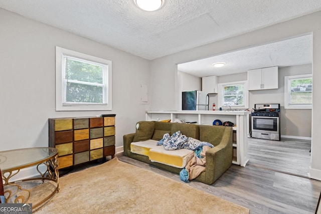 living room with light wood-style flooring, baseboards, and a textured ceiling