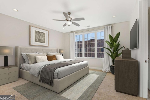 bedroom with ceiling fan, carpet floors, and recessed lighting