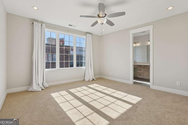 unfurnished bedroom featuring recessed lighting, baseboards, visible vents, and carpet flooring