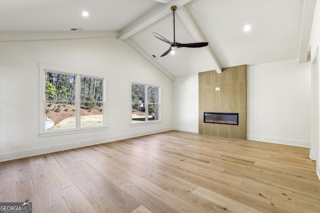 unfurnished living room with a fireplace, visible vents, light wood-type flooring, beamed ceiling, and baseboards