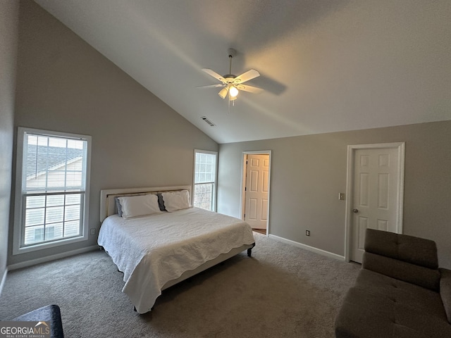 bedroom featuring carpet floors, visible vents, ceiling fan, high vaulted ceiling, and baseboards