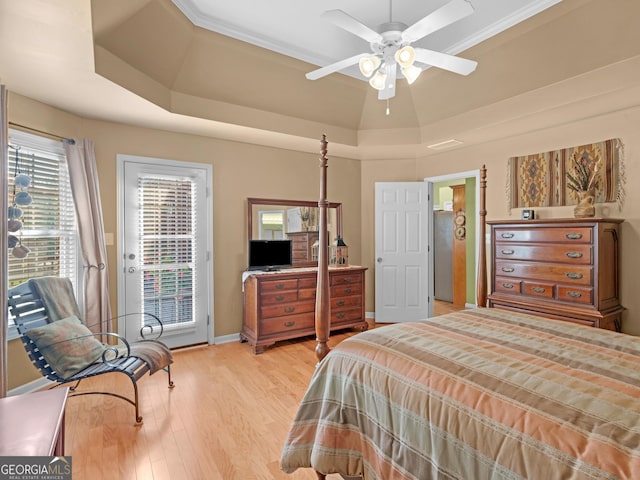 bedroom with access to exterior, light wood finished floors, a raised ceiling, a ceiling fan, and baseboards