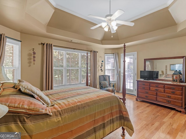 bedroom with access to exterior, multiple windows, a tray ceiling, and light wood finished floors