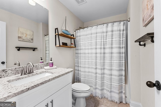 full bath featuring visible vents, toilet, vanity, a shower with curtain, and tile patterned floors