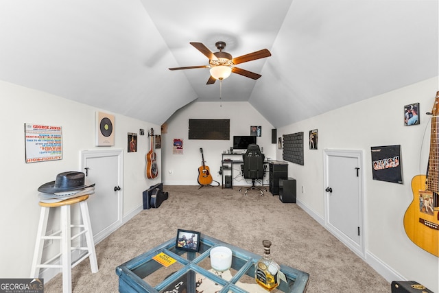 rec room with carpet floors, vaulted ceiling, baseboards, and a ceiling fan