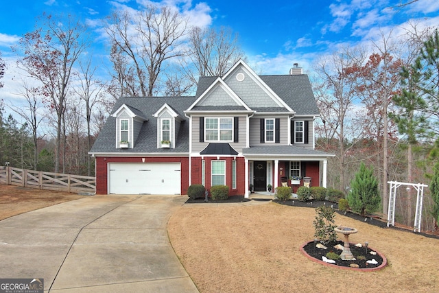 view of front of property with concrete driveway, brick siding, fence, and roof with shingles