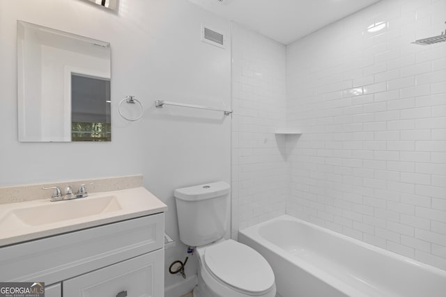 full bathroom featuring toilet, tub / shower combination, vanity, and visible vents