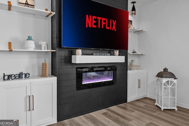 room details featuring a fireplace and wood finished floors