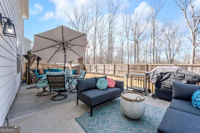 view of patio / terrace featuring a fenced backyard and an outdoor hangout area