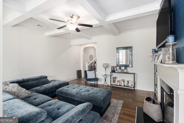 living room with visible vents, coffered ceiling, dark wood finished floors, a fireplace with flush hearth, and beamed ceiling