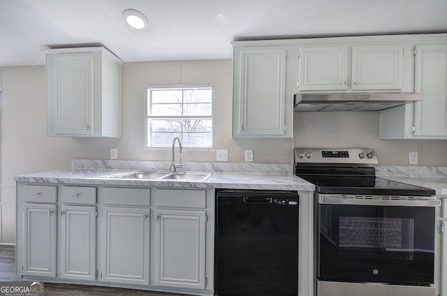 kitchen featuring under cabinet range hood, dishwasher, electric range, white cabinets, and a sink