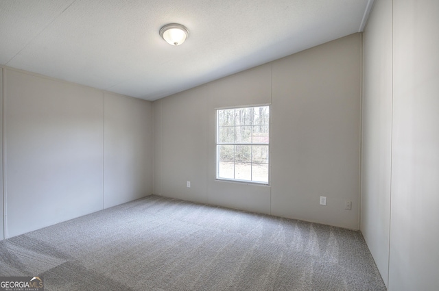 spare room with carpet flooring, a textured ceiling, and lofted ceiling