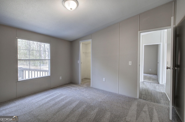 unfurnished bedroom featuring vaulted ceiling, a spacious closet, carpet floors, and a textured ceiling