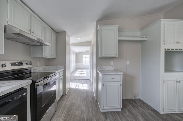 kitchen with under cabinet range hood, dishwasher, stainless steel electric range oven, and wood finished floors