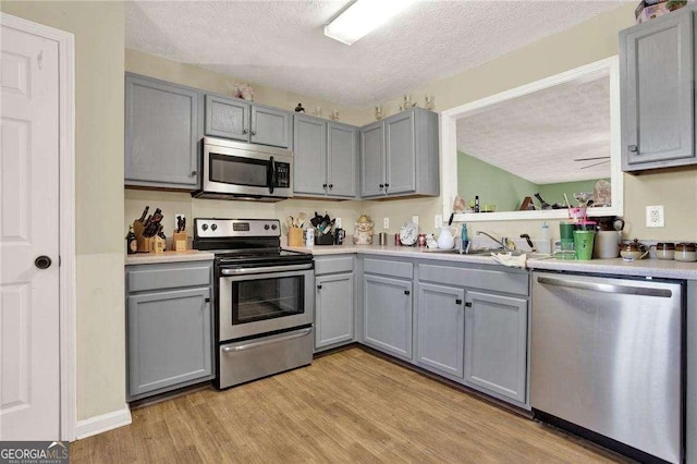 kitchen with light wood finished floors, light countertops, appliances with stainless steel finishes, and gray cabinetry