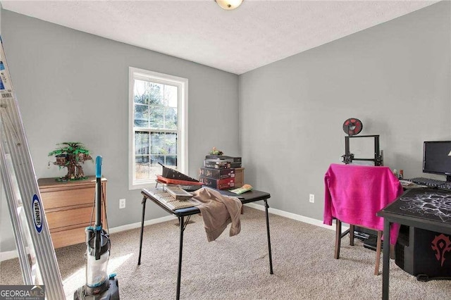 office area featuring a textured ceiling, baseboards, and carpet flooring