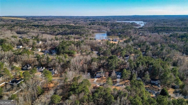 drone / aerial view featuring a water view and a wooded view