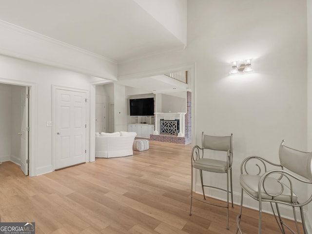 living area featuring ornamental molding, light wood-type flooring, a fireplace, and baseboards