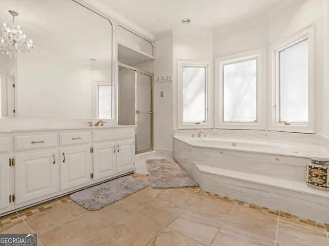 full bathroom with a healthy amount of sunlight, crown molding, a shower stall, and a garden tub