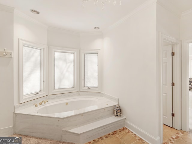 full bathroom with baseboards, ornamental molding, and a bath