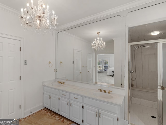 bathroom with double vanity, ornamental molding, a sink, and a shower stall