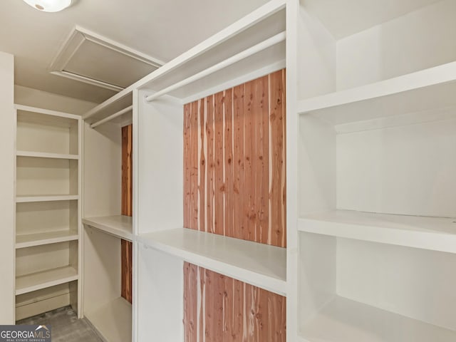 spacious closet featuring attic access