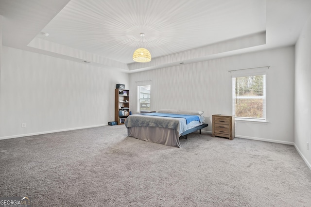 bedroom with carpet floors, a raised ceiling, and baseboards