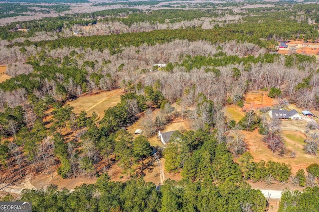 bird's eye view with a wooded view