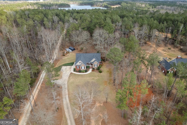 drone / aerial view featuring a water view and a view of trees