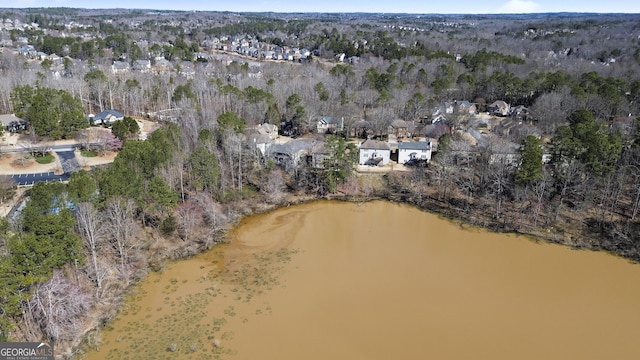 bird's eye view featuring a water view and a forest view