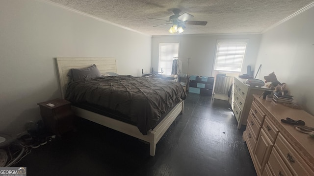 bedroom with dark wood-type flooring, crown molding, a textured ceiling, and a ceiling fan