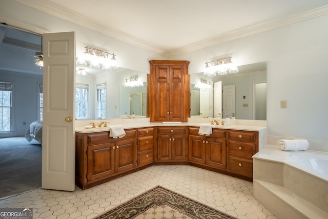 full bathroom with a sink, double vanity, a garden tub, and crown molding