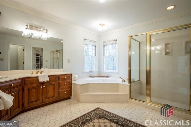 bathroom featuring ornamental molding, a garden tub, tile patterned flooring, vanity, and a shower stall