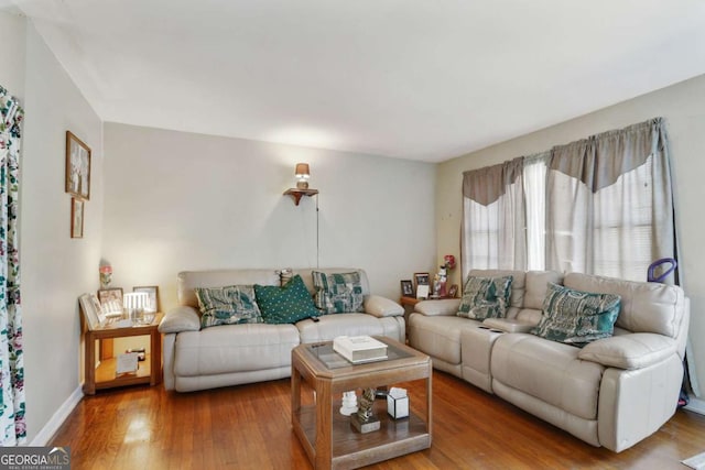 living room with baseboards and wood finished floors