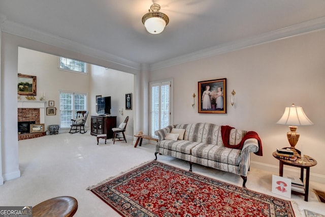 carpeted living area with ornamental molding, a fireplace, and baseboards