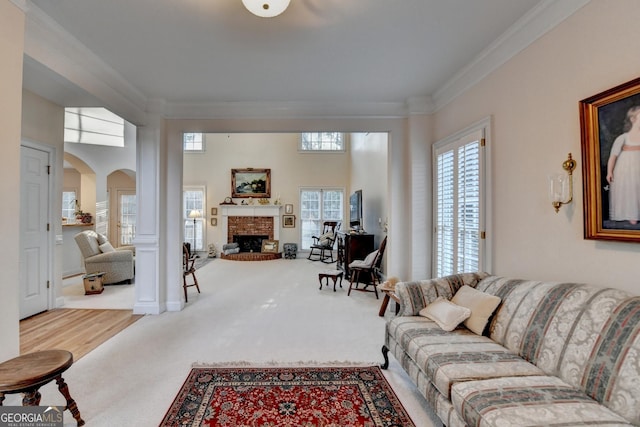 carpeted living room featuring plenty of natural light, a fireplace, and ornamental molding