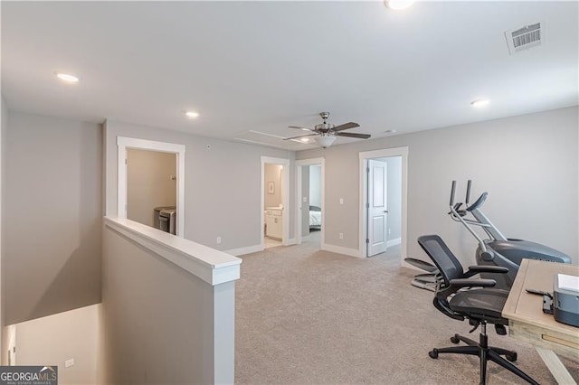 1703 Prospect Way, Conyers, GA 30094 - office area featuring recessed lighting, attic access, light colored carpet, independent washer and dryer, and a ceiling fan