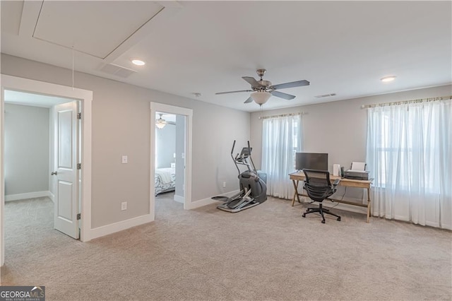 1703 Prospect Way, Conyers, GA 30094 - home office featuring attic access, carpet, recessed lighting, and ceiling fan