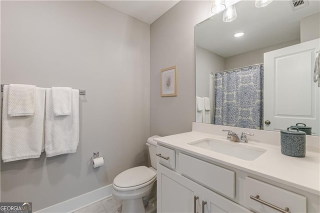 1703 Prospect Way, Conyers, GA 30094 - full bathroom with marble look tiles, vanity, and a shower with shower curtain