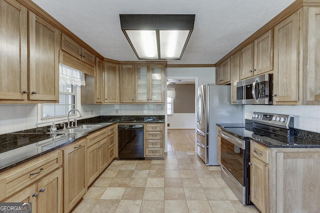 kitchen with appliances with stainless steel finishes, a sink, tasteful backsplash, dark stone counters, and glass insert cabinets