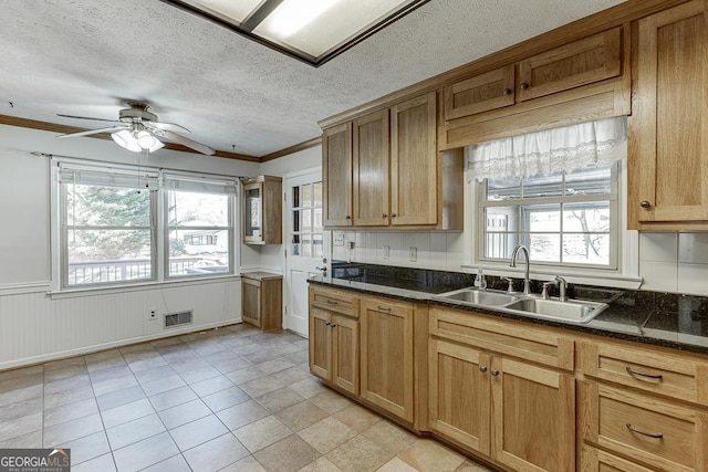 kitchen with a sink, ceiling fan, healthy amount of natural light, ornamental molding, and light tile patterned floors