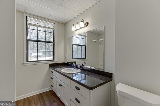 bathroom with wood finished floors, toilet, vanity, baseboards, and a paneled ceiling