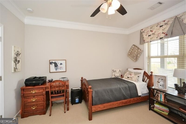 bedroom with a ceiling fan, carpet, visible vents, and crown molding