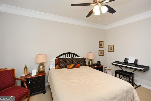 bedroom with crown molding, baseboards, ceiling fan, and carpet flooring