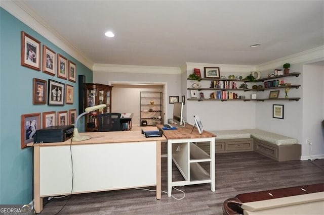 home office featuring ornamental molding, wood finished floors, and recessed lighting