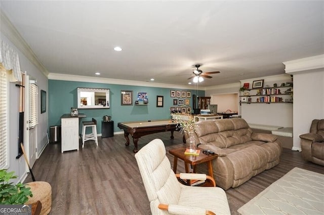 living room featuring recessed lighting, ornamental molding, wood finished floors, billiards, and baseboards