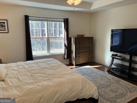 bedroom with a raised ceiling, wood finished floors, and a ceiling fan