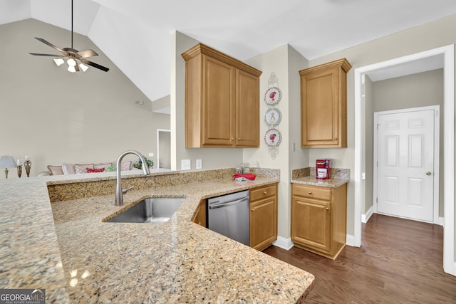 kitchen featuring stainless steel dishwasher, a sink, dark wood finished floors, and light stone countertops