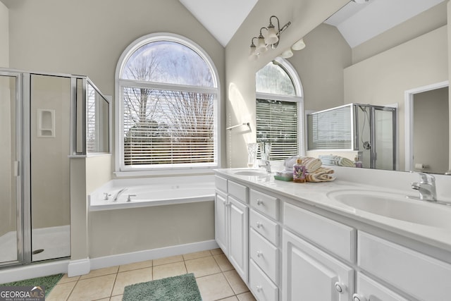 full bath featuring a stall shower, tile patterned flooring, a wealth of natural light, and a sink